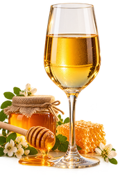Goldener Honigwein mit Blüten und Honig