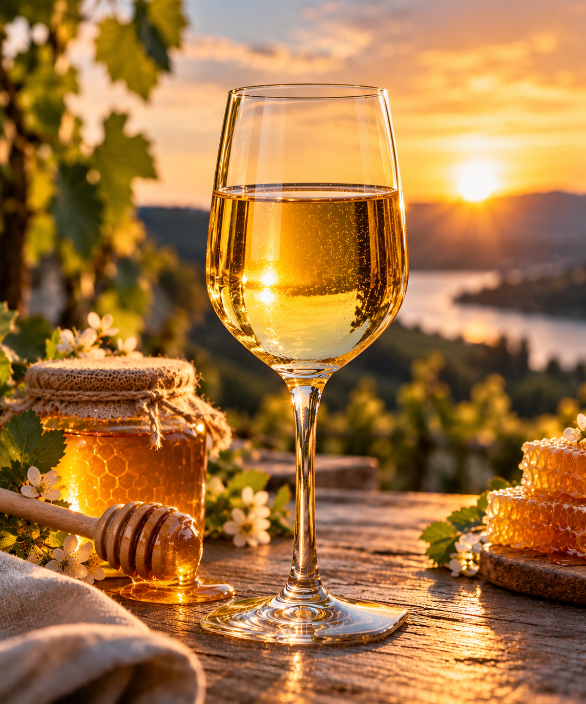Honig, Blüten und ein Glas goldener Met